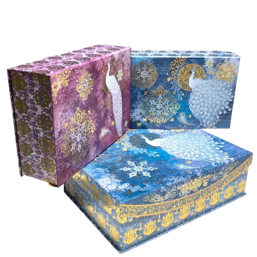 Punch Studio Snowy Peacock Flip Top Decorative Nesting Boxes, 3 ct